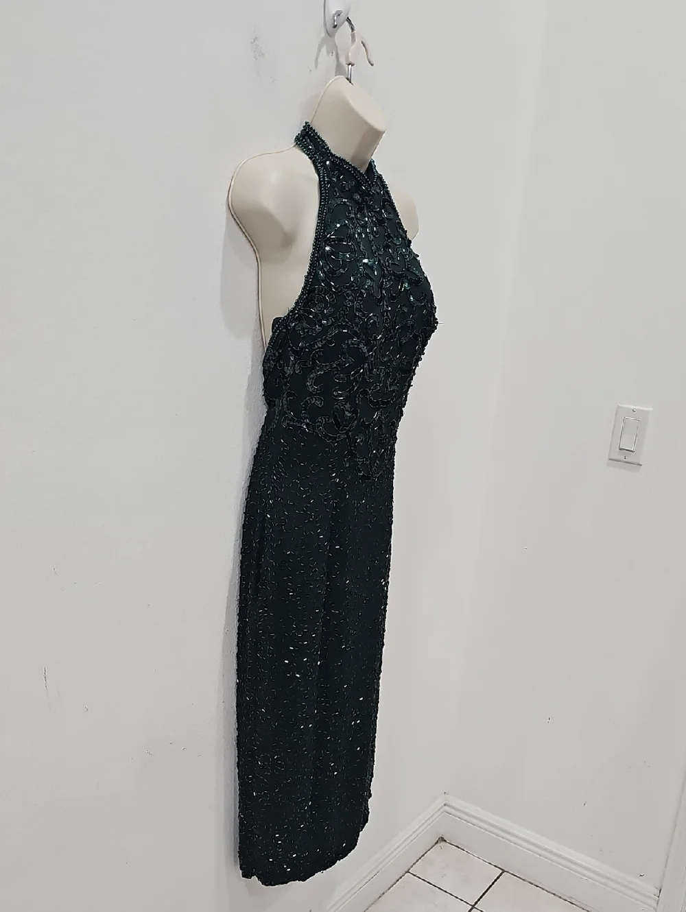 Vintage Lillie Rubin Green Sequin Silk Dress Beaded Gown Open Back / Size 6